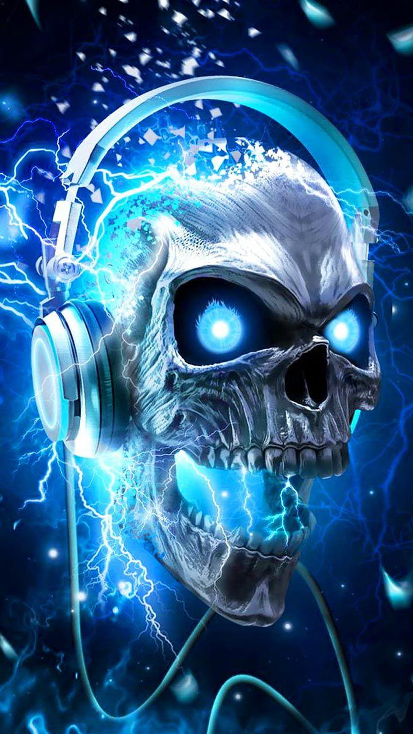 Skull music headphone art. Neon blue metallic skull design, flaming skull dj HD phone wallpaper