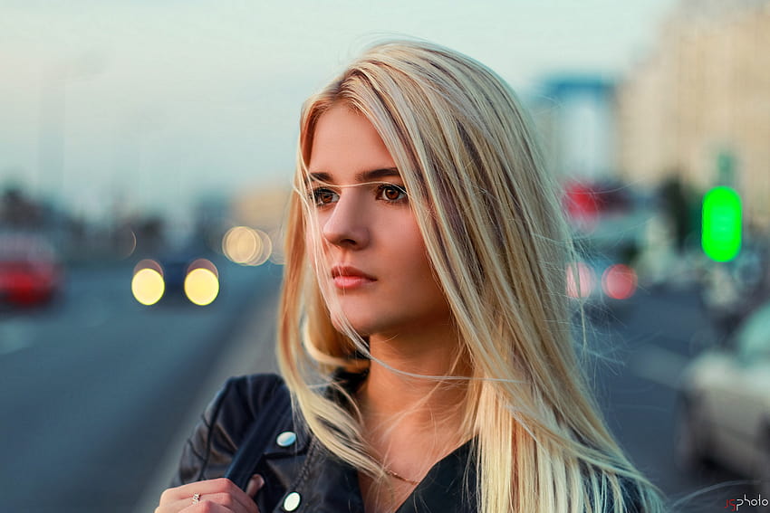 : model, blonde, hair in face, brown eyes, Looking into the distance, necklace, leather jackets, black jackets, street, portrait, depth of field, women outdoors 2560x1707, brown and blonde hair HD wallpaper