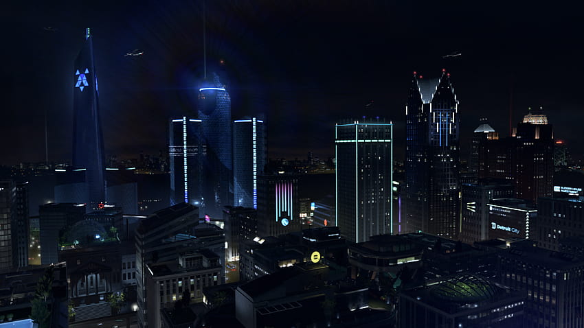 : Detroit devenu humain, nuit, hélicoptères, néons, science-fiction, jeu vidéo, gratte-ciel, jardin sur le toit, toits 3840x2160 Fond d'écran HD