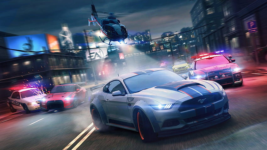 Need for Speed: No Limits, 비디오 게임, 밤, 도시, Ford Mustang GT, Nissan GT R, BMW M4, 경찰차, 튜닝, 모션 블러, Need for Speed ​​/ and Mobile Backgrounds, mustang gt at night HD 월페이퍼