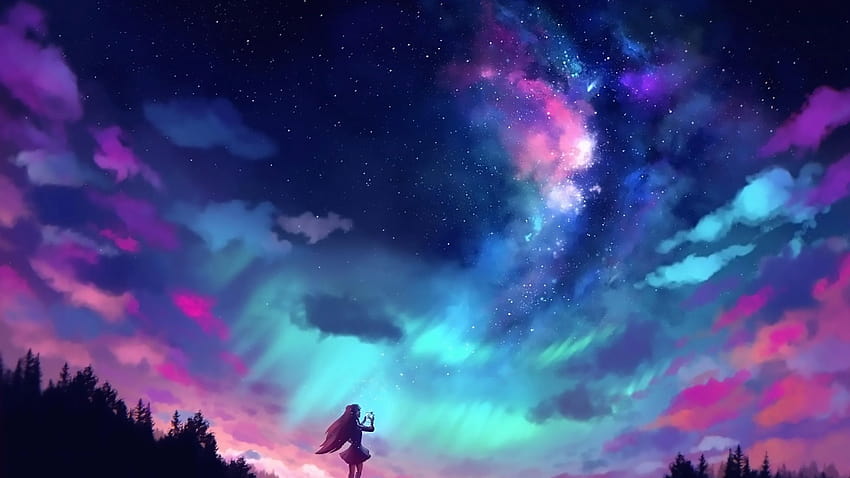 Girl looking at the mount fuji during the night. Vector art of anime woman  stargazing. Beautiful 22192865 Vector Art at Vecteezy