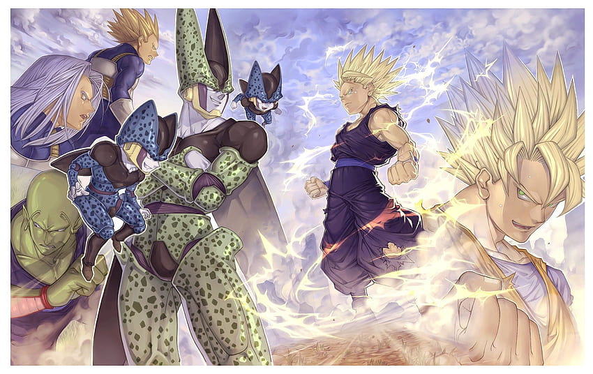 anime, Dragon Ball, Son Goku, Son Gohan, Vegeta, Trunks, gohan vs cell HD wallpaper
