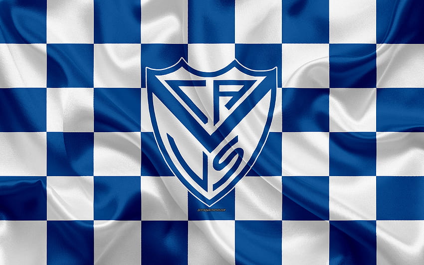 Velez Sarsfield, logo, seni kreatif, bendera kotak-kotak putih biru, klub sepak bola Argentina, Liga Super Argentina, Divisi Primera, lambang, tekstur sutra, Buenos Aires, Argentina, sepak bola, Klub Atletico Velez Sarsfield Wallpaper HD