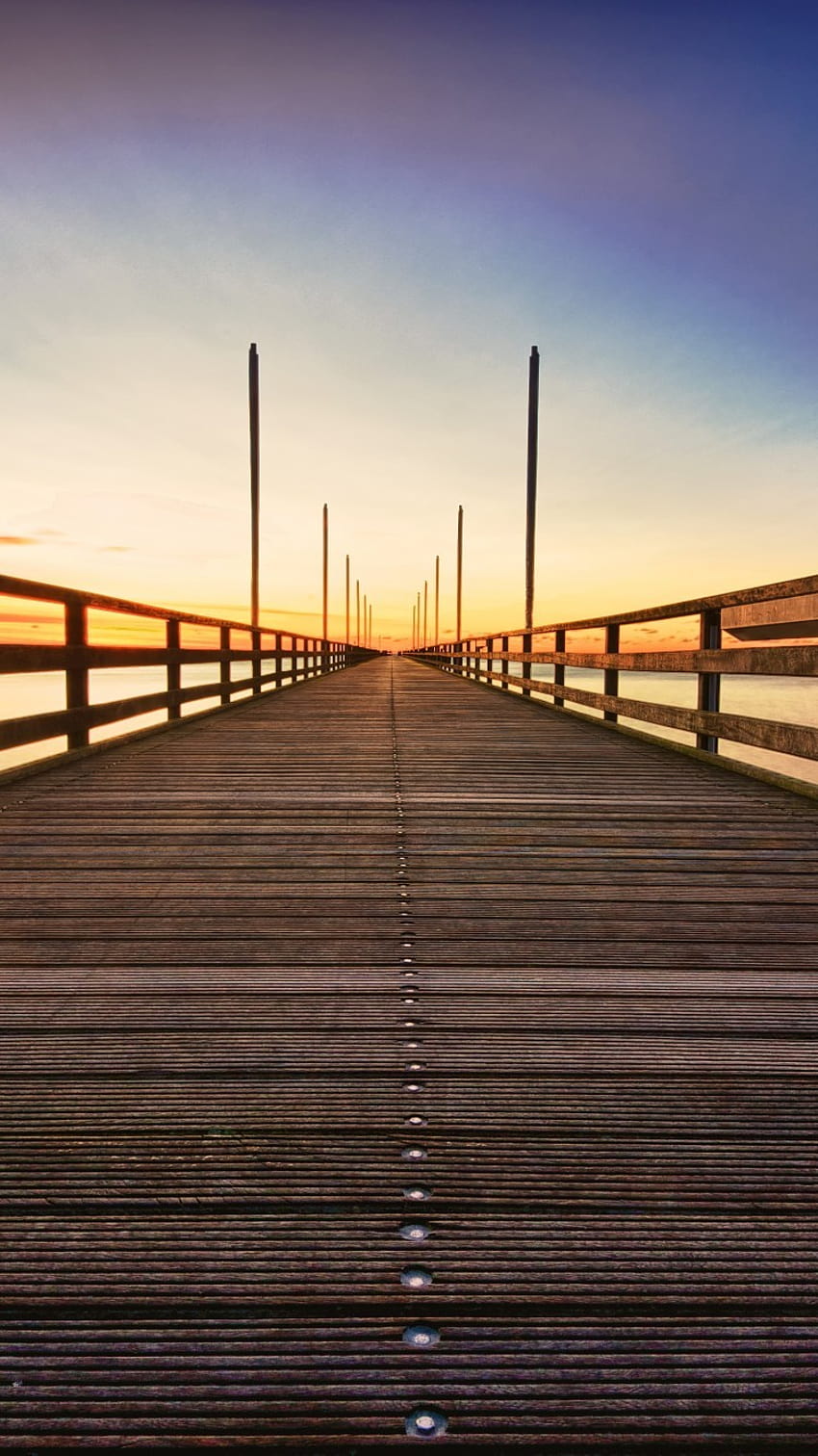Brücke, Sonnenuntergang, Himmel, Perspektive, Horizont, Meer HD-Handy-Hintergrundbild