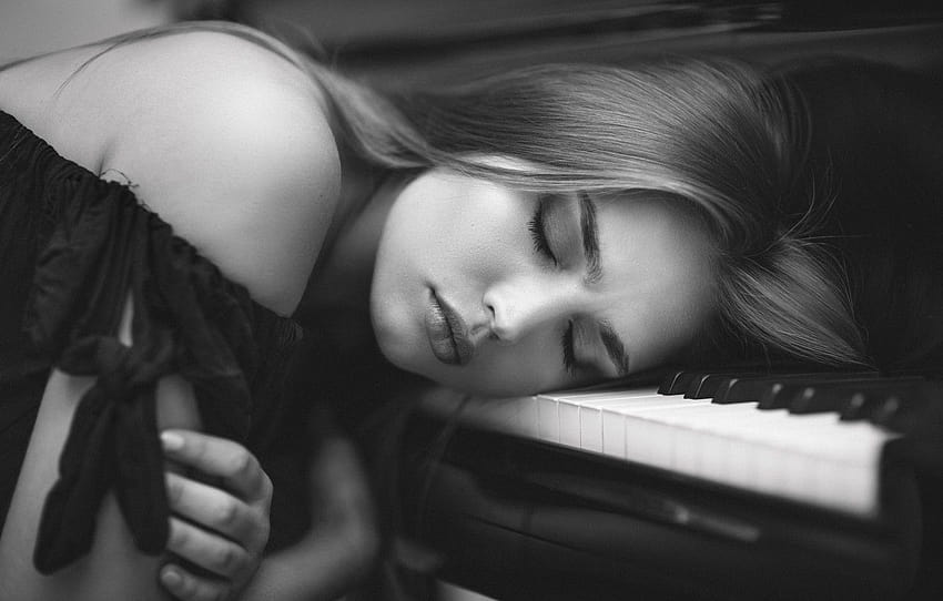 Момиче, клавиши, пиано, уморен, черно и, пиано момиче HD тапет