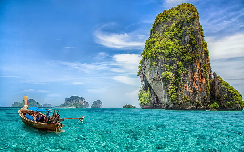 tropikalna wyspa, letnia podróż, Tajlandia, łódź, turystyka, błękitna laguna o rozdzielczości 1920x1200. Wysoka jakość, lato w Tajlandii Tapeta HD