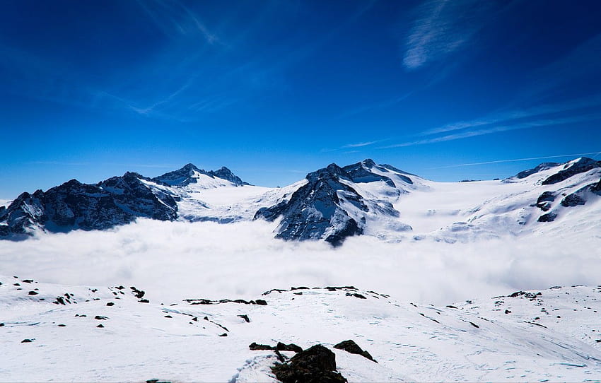 ท้องฟ้า ธรรมชาติ ฤดูหนาว ภูเขา เมฆ หิน หิมะ เบลอ หิมะตก พื้นหลังพิเศษ ส่วน природа วอลล์เปเปอร์ HD