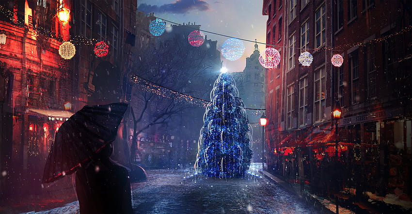 : 2560x1331 px, ART, Christmas, cities, holidays, pictorial, street, tree, umbrella 2560x1331, christmas city anime HD wallpaper
