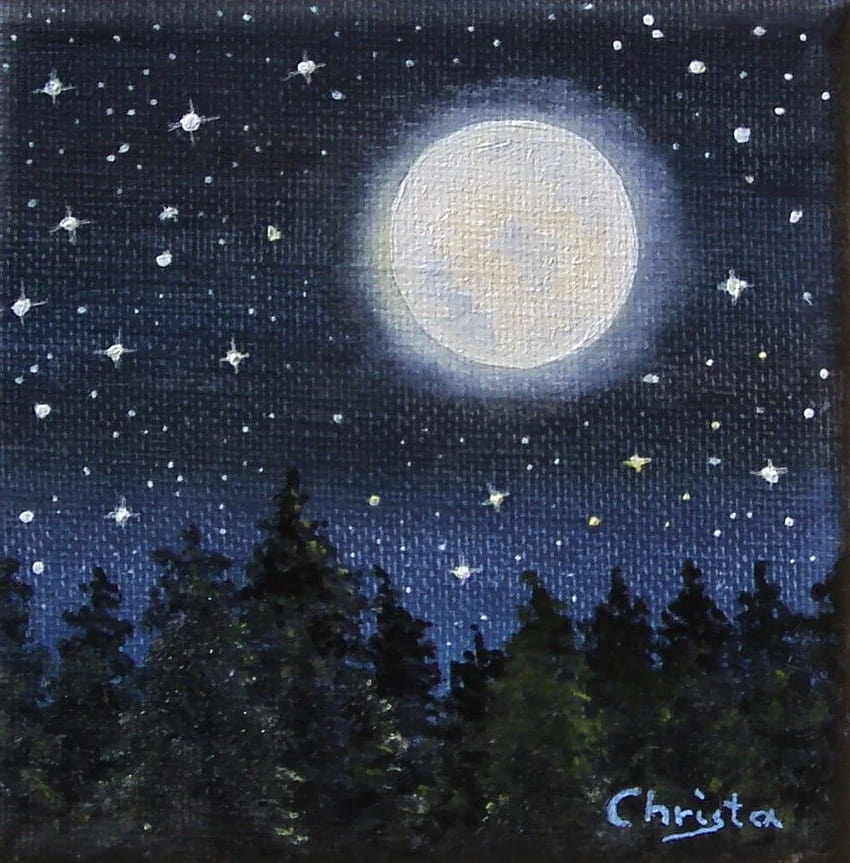 starry night sky with moon painting