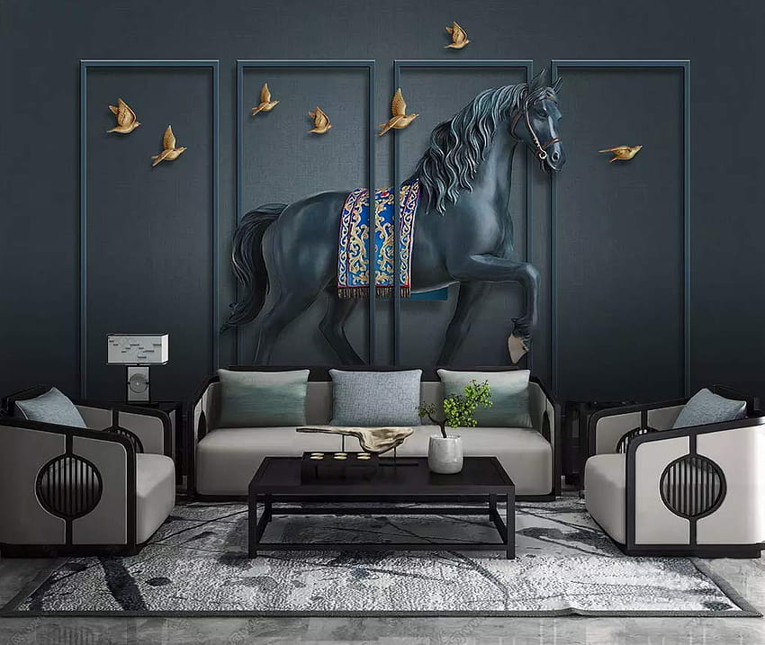 3D Natural Black Backgrounds Horse and Bird Marble Stone Light Luxury TV Backgrounds Wall Painting Marble Design Mural Paper Living Room Peel and Stick: Handmade HD wallpaper