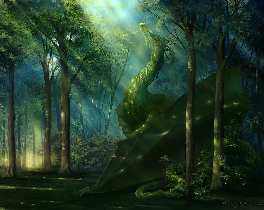 3840x3056 smok, las, sztuka, zielony, światło słoneczne tła, leśny smok Tapeta HD