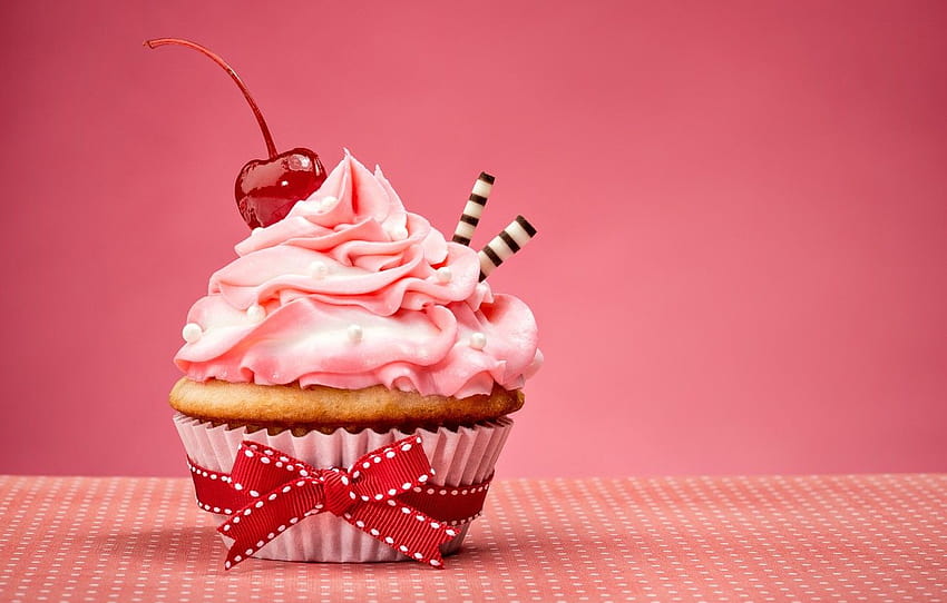 bow, cake, cream, Happy Birtay, pink, sweet, cupcake, cupcake, cream, dessert , section еда, cakes and cupcakes HD wallpaper