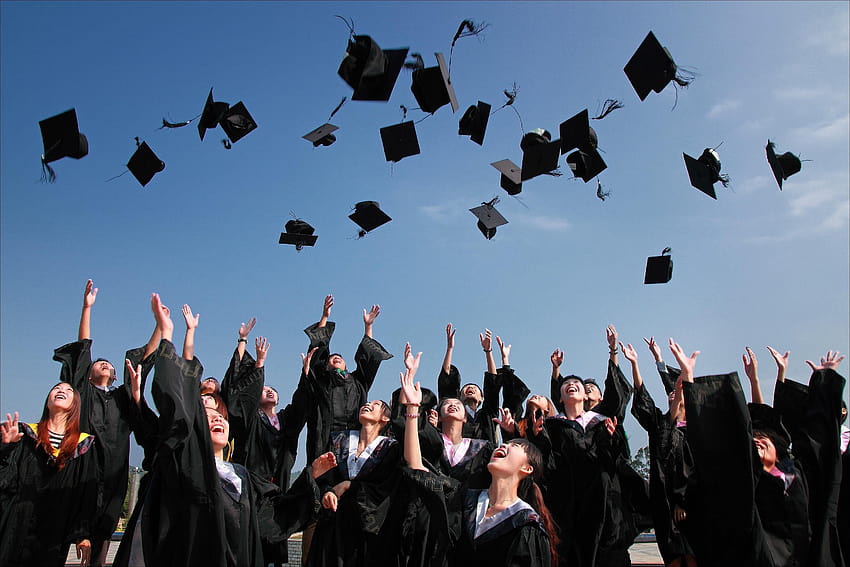 Newly Graduated People Wearing Black Academy Gowns Throwing Hats Up, graduating HD wallpaper