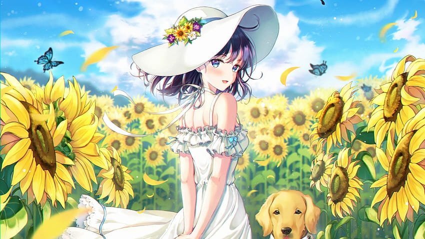 1920x1080 Anime Girl, Summer Dress, Dog, Sunflower Field, sunflower ...