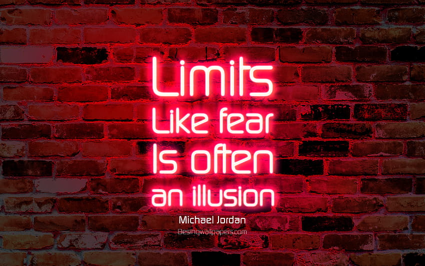 Limites Como o medo Muitas vezes é uma ilusão, parede de tijolos roxos, citações de Michael Jordan, texto em neon, inspiração, Michael Jordan, citações sobre limites com resolução 3840x2400. Alta qualidade papel de parede HD