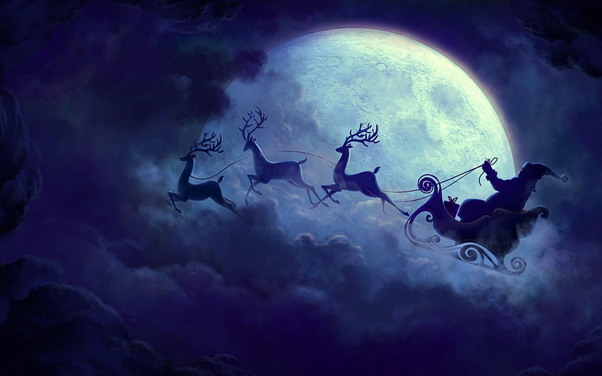 christmas moon christmas sleigh sleigh santa santa claus reindeer, santas sleigh in the sky HD wallpaper