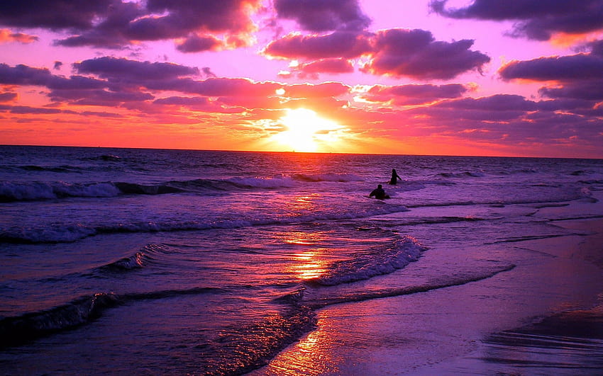 sunset, Landscape, Purple, Orange, Waves, Beach, Nature, Coast, orange sea sunset HD wallpaper
