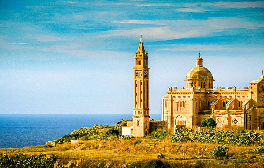 mare, costa, torre, Chiesa, architettura, Mar Mediterraneo, Malta, Malta, Gozo, Mar Mediterraneo, Gozo, Basilica Of Our Lady Of TA Pinu, Basilica of the National Shrine of the Blessed Vir Sfondo HD