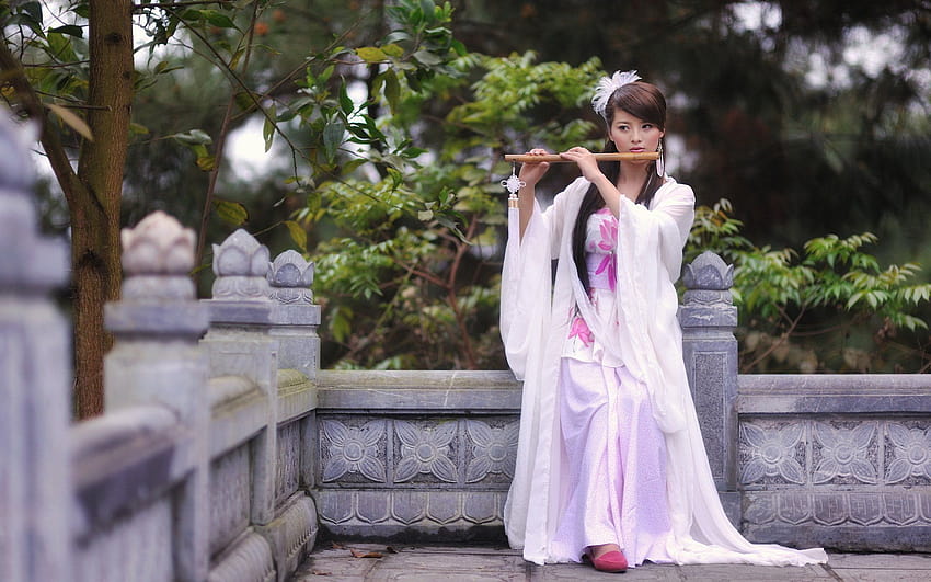 Oriental asian girl girls woman women female model flute, girl and ...