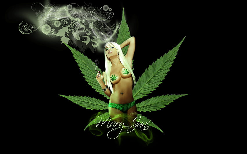 Marihuana-Ganja-Mädchen, das auf Topfblatt sitzt, Unkrautmädchen HD-Hintergrundbild