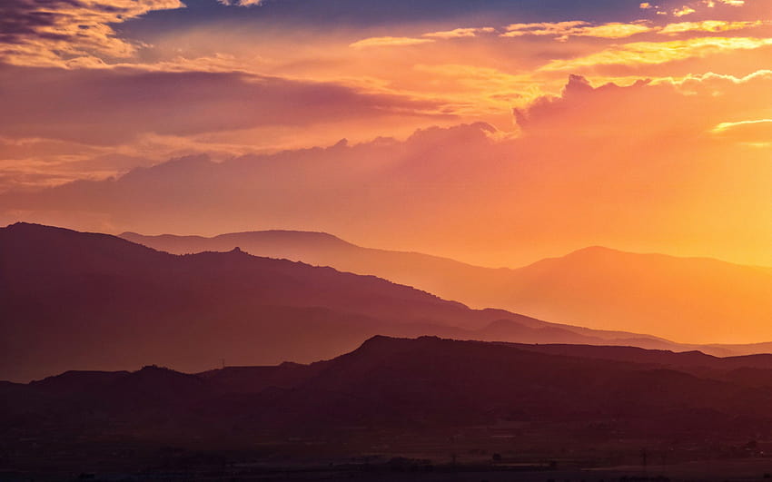 Sunset , Mountain range, Silhouette, Landscape, Orange Sky, Clouds, Sun light, Nature, mountain sunset HD wallpaper