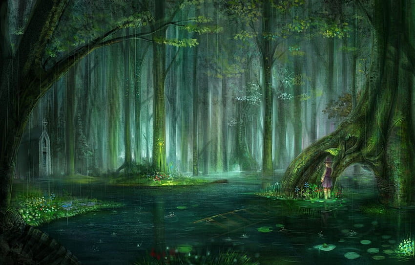 las, woda, krople, deszcz, nastrój, anime, pogoda, leśny anime Tapeta HD