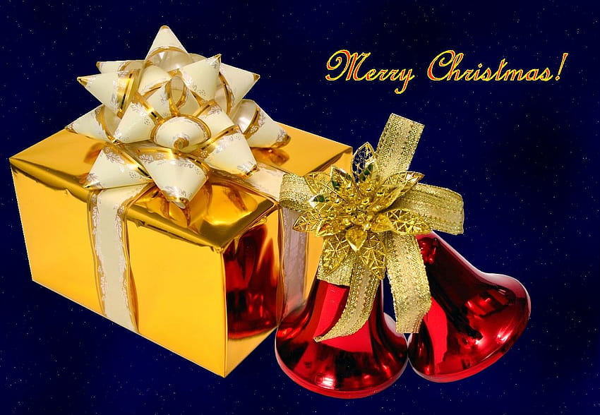Kotak hadiah emas dengan lonceng Natal, lonceng natal yang meriah Wallpaper HD