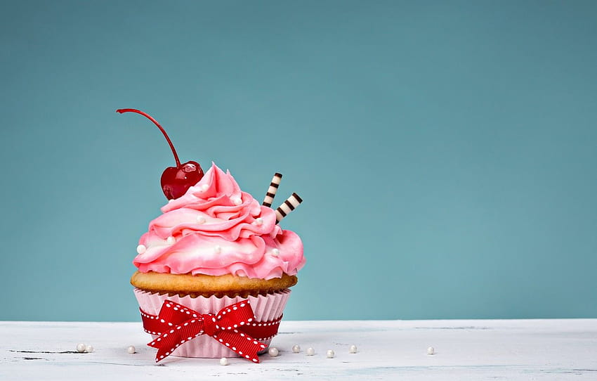 bow, cake, cream, Happy Birtay, pink, sweet, cupcake, cupcake, cream, dessert , section еда HD wallpaper
