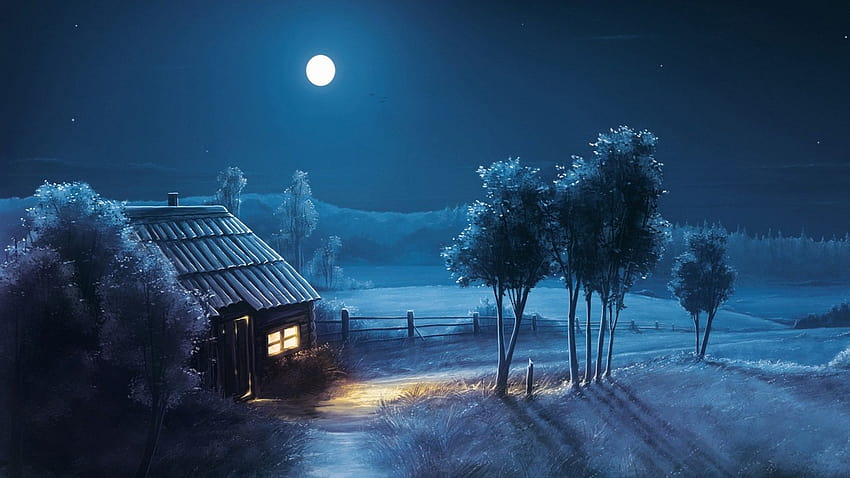 Pintura, luna, estrellas, noche, bosque, arboles, casa, buenas noches  bosque fondo de pantalla | Pxfuel