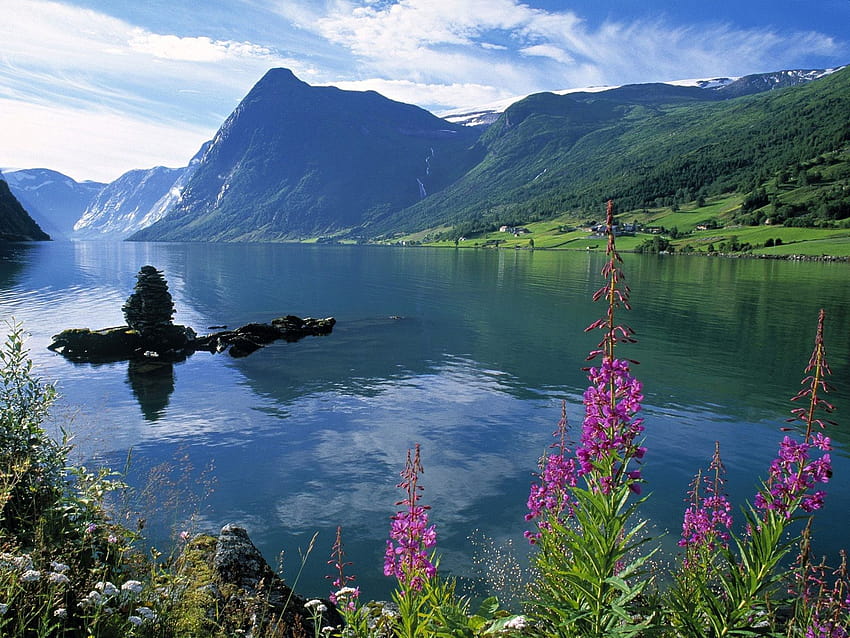 : peyzaj, Dağlar, göl, doğa, Yansıma, Norveç, yaz, fiyort, çöl, Alpler, çiçek, çayır, Loch, Dağlık alan şekilleri, Su kütlesi, Dağ sırası 1600x1200, Yaz norveç HD duvar kağıdı