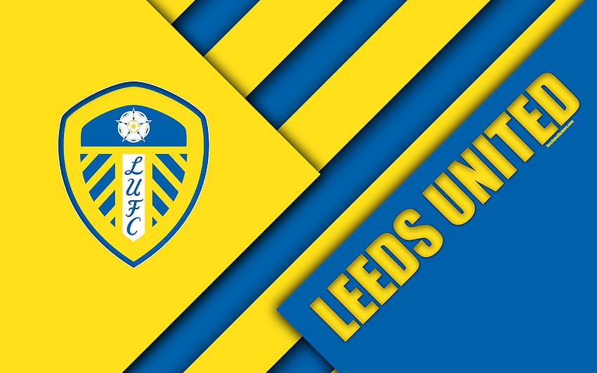 Leeds United FC, logo, azul amarelo abstração, design de material, Clube de futebol inglês, Leeds, Inglaterra, Reino Unido, futebol, EFL Campeonato com resolução 3840x2400. Alta qualidade papel de parede HD