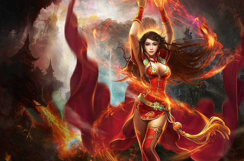 4 Fantasy Goddesses, fire girls original HD wallpaper