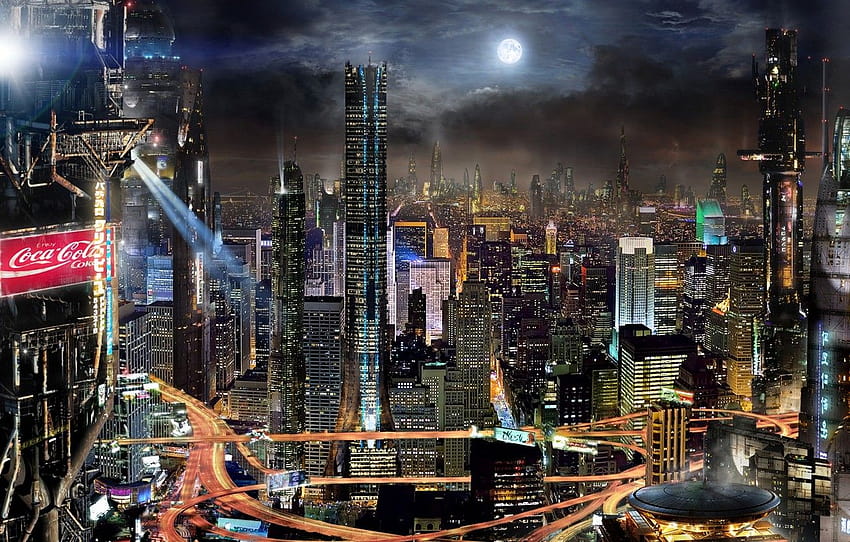 clouds, night, the city, future, fiction, building, The, future fantasy city HD wallpaper