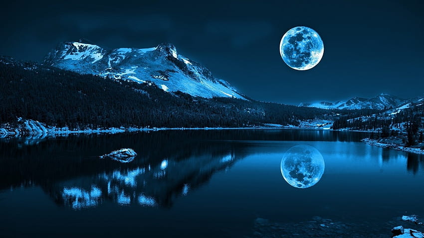 sunlight, trees, landscape, forest, mountains, digital art, night, lake, water, nature, reflection, sky, winter, Earth, Moon, blue, cold, moonlight, atmosphere, pond, light, darkness, computer , astronomical object, full moon » High quality, night winter lakes HD wallpaper