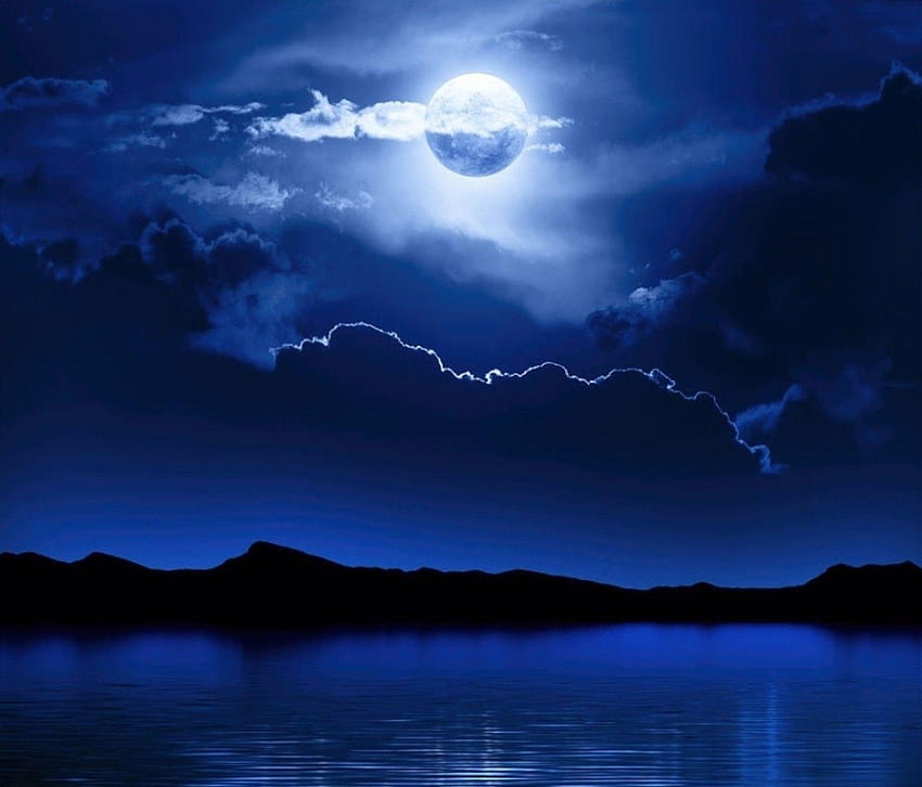 Ciel: Eau Blue Moon Night Clouds Sky Cloudy pour 16: 9, ciel bleu avec des nuages Fond d'écran HD