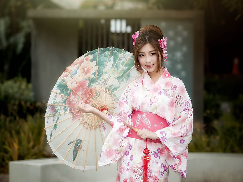 Schönes japanisches Mädchen, Kimono, Regenschirm 2560x1440 Q, japanischer Frauenschirm HD-Hintergrundbild