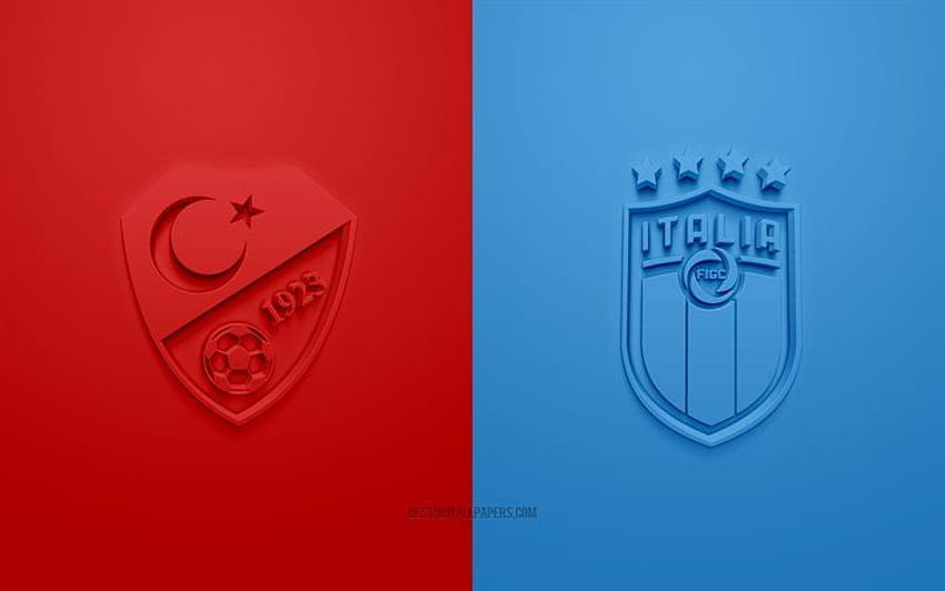 Turquie contre Italie, UEFA Euro 2020, Groupe A, logos 3D, fond bleu rouge, Euro 2020, match de football, équipe nationale de football d'Italie, équipe nationale de football de Turquie. pour Fond d'écran HD