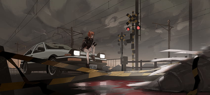 Anime Girl sur la voie ferrée avec voiture, anime car girl Fond d'écran HD