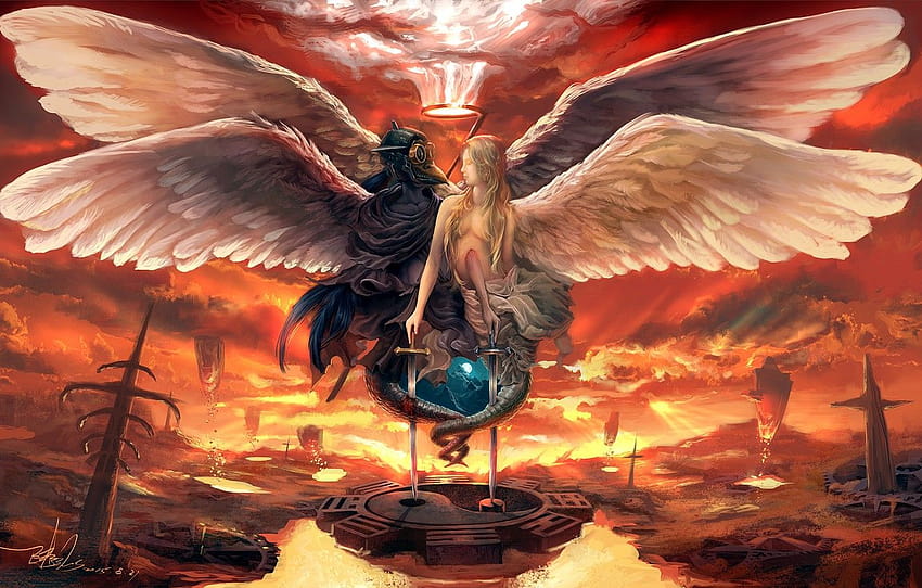 Fire, Angel, Sword, Wings, Paradise, The demon, Fantasy, Swords, Art, Welcome, Fiction, Yin and Yang, Evil, Concept Art, The devil, Surreal , section фантастика, devil concept HD wallpaper