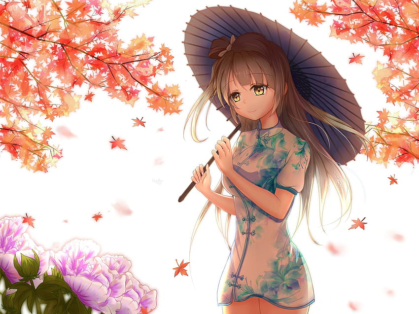 Sonbahar kahverengi gözler kahverengi saç çin kıyafetleri çin elbisesi çiçekler john 117 yapraklar uzun saç minami kotori yaprakları şemsiye HD duvar kağıdı