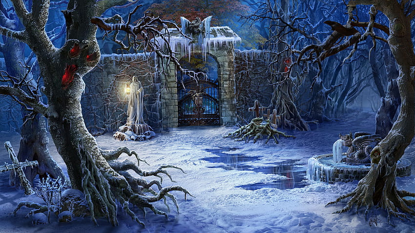 Snowy Cemetery on Dog, musim dingin fantasi gotik Wallpaper HD