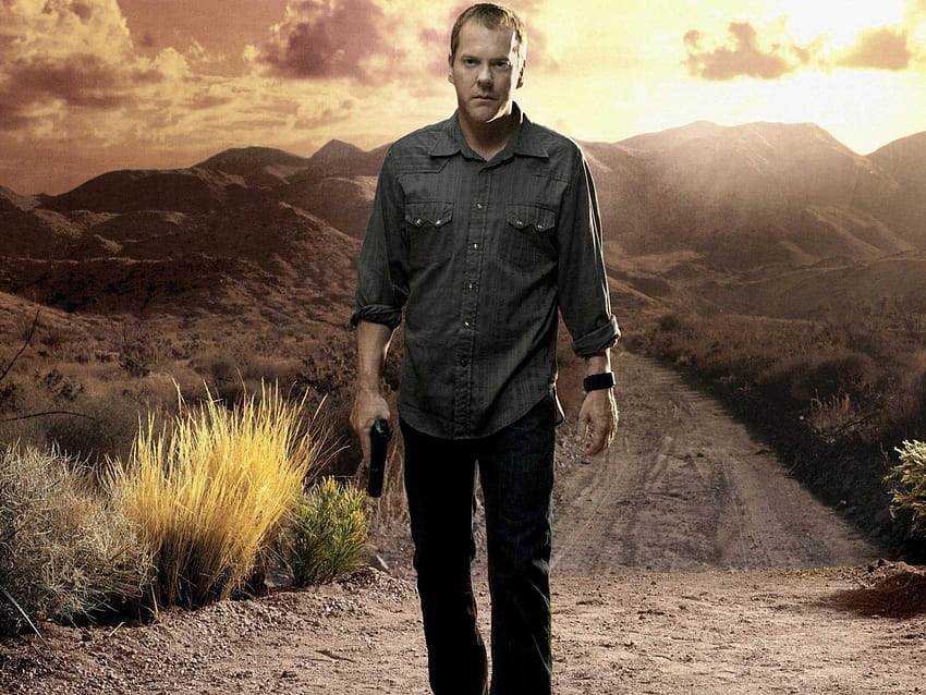 kiefer sutherland, road, grass , Man HD wallpaper