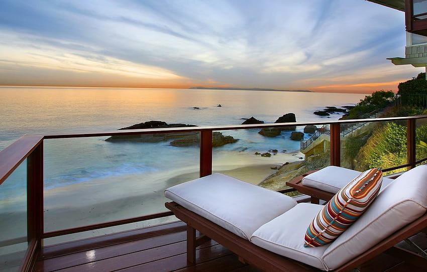 sea, stay, coast, view, beauty, pillow, balcony, veranda HD wallpaper