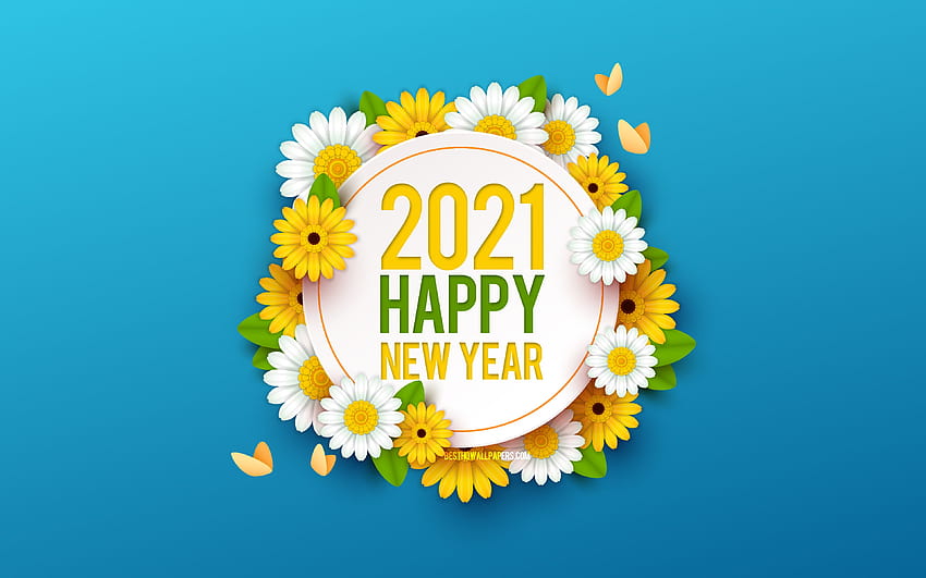 Felice anno nuovo 2021, floreale blu, fiori 2021, concetti 2021, camomilla 2021, Capodanno 2021, biglietto di auguri 2021 con risoluzione 3840x2400. Alta qualità Sfondo HD