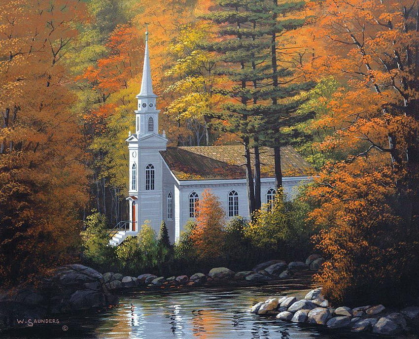 5 Fall Country Churches、小さな教会の秋 高画質の壁紙