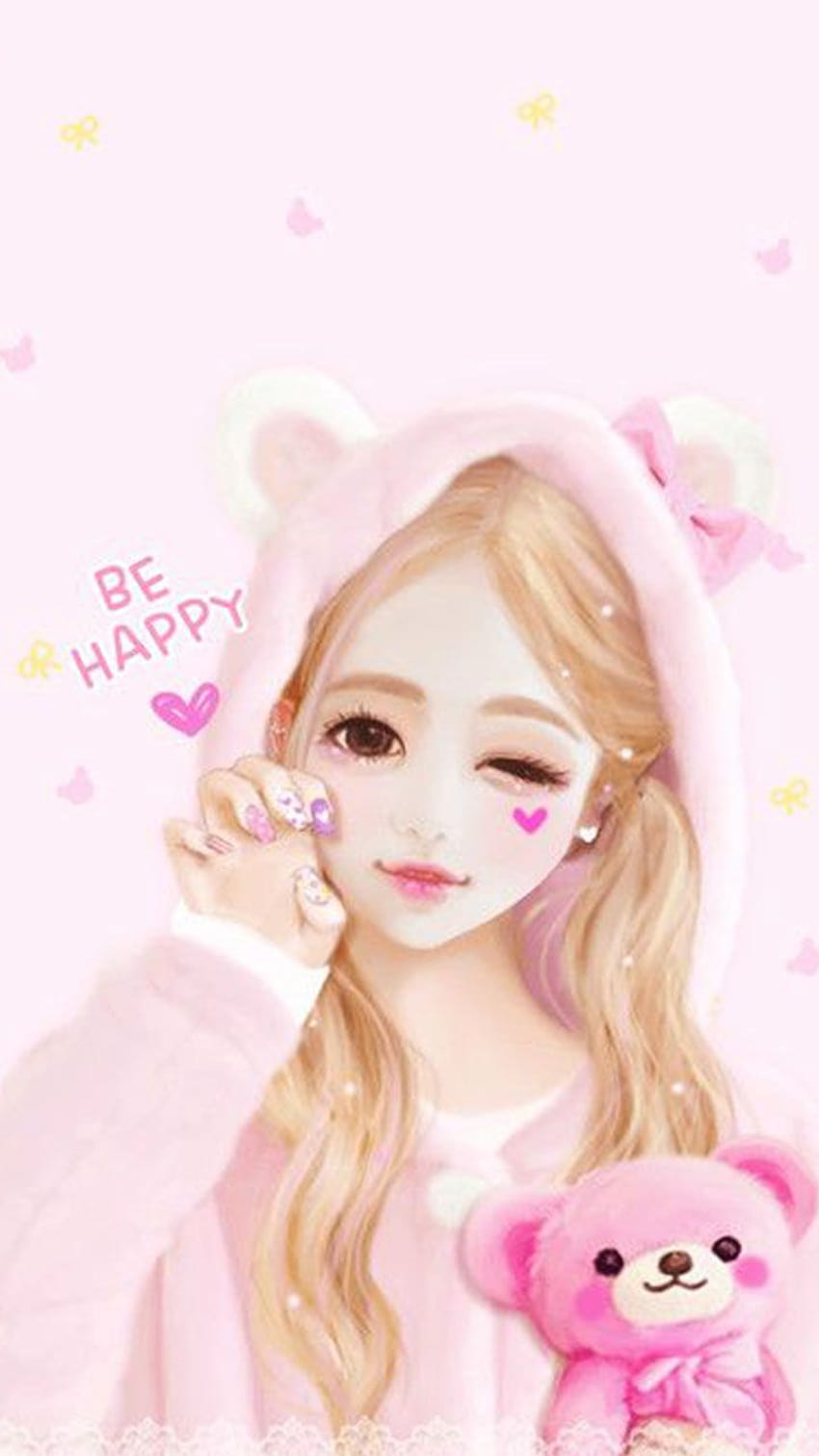 มีความสุขน้องสาวที่น่ารัก ตุ๊กตาหมีสีชมพู Love. อนิเมะสาวเกาหลี วอลล์เปเปอร์โทรศัพท์ HD
