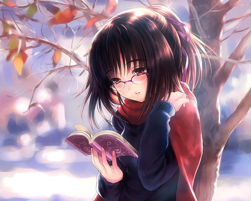 Image of Cute anime girl with short brown hair and book wallpaper