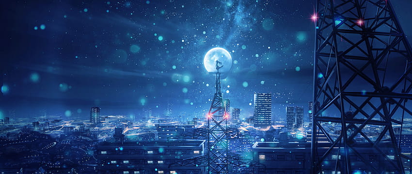 Night Sky City Stars Anime-Landschaft, ästhetische Anime-Landschaft HD-Hintergrundbild