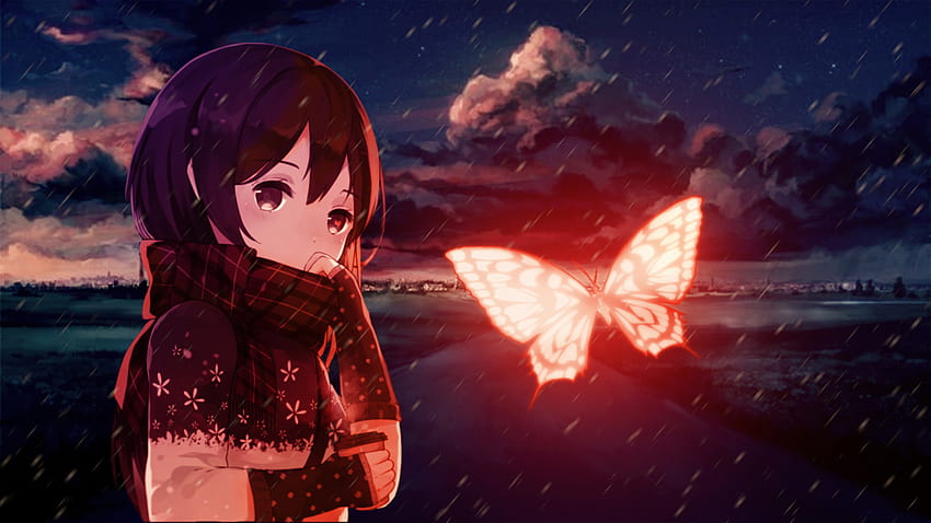 Anime Girls Glühende Schmetterlingseffekte Dunkler Schatten Schnee Land Mädchen Himmel HD-Hintergrundbild