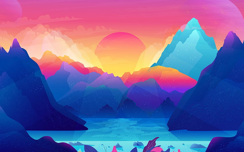 Arte digital do pôr do sol nas montanhas [2560x1440] para seu celular e tablet papel de parede HD